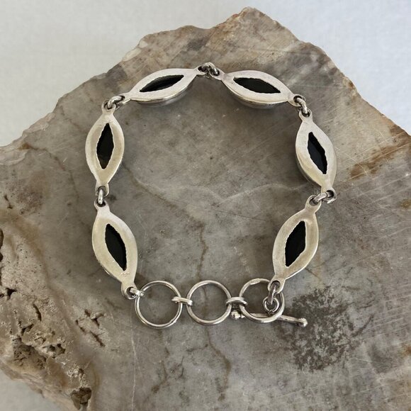 Sterling Silver Southwest Style Marquise Black Onyx Link Bracelet 6"-6.75" - Picture 8 of 16